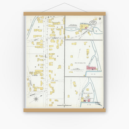 Old map wall art mockup — magnetic wood frame on white wall — Sanborn Fire Insurance Map from Athol, Worcester County, Massachusetts (1900), Sheet #0009