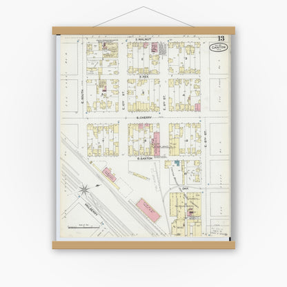 Old map wall art mockup — magnetic wood frame on white wall — Sanborn Fire Insurance Map from Canton, Stark County, Ohio (1891), Sheet #0013