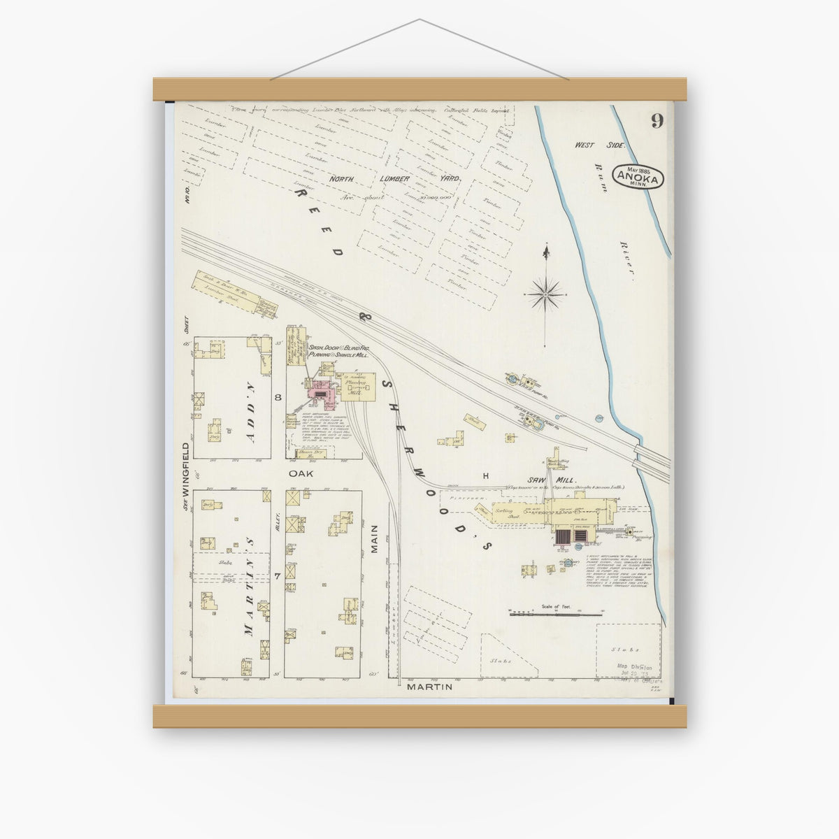 Old map wall art mockup — magnetic wood frame on white wall — Sanborn Fire Insurance Map from Anoka, Anoka County, Minnesota (1885), Sheet #0009