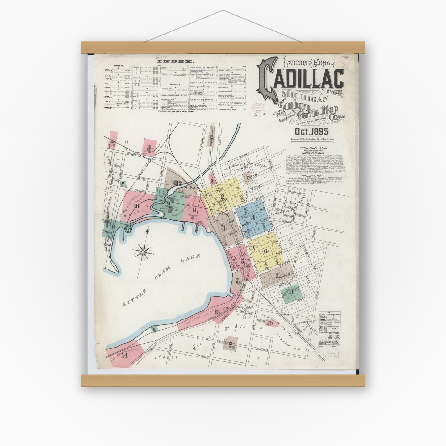 Old map wall art mockup — magnetic wood frame on white wall — Sanborn Fire Insurance Map from Cadillac, Wexford County, Michigan (1895) - Complete Map Set