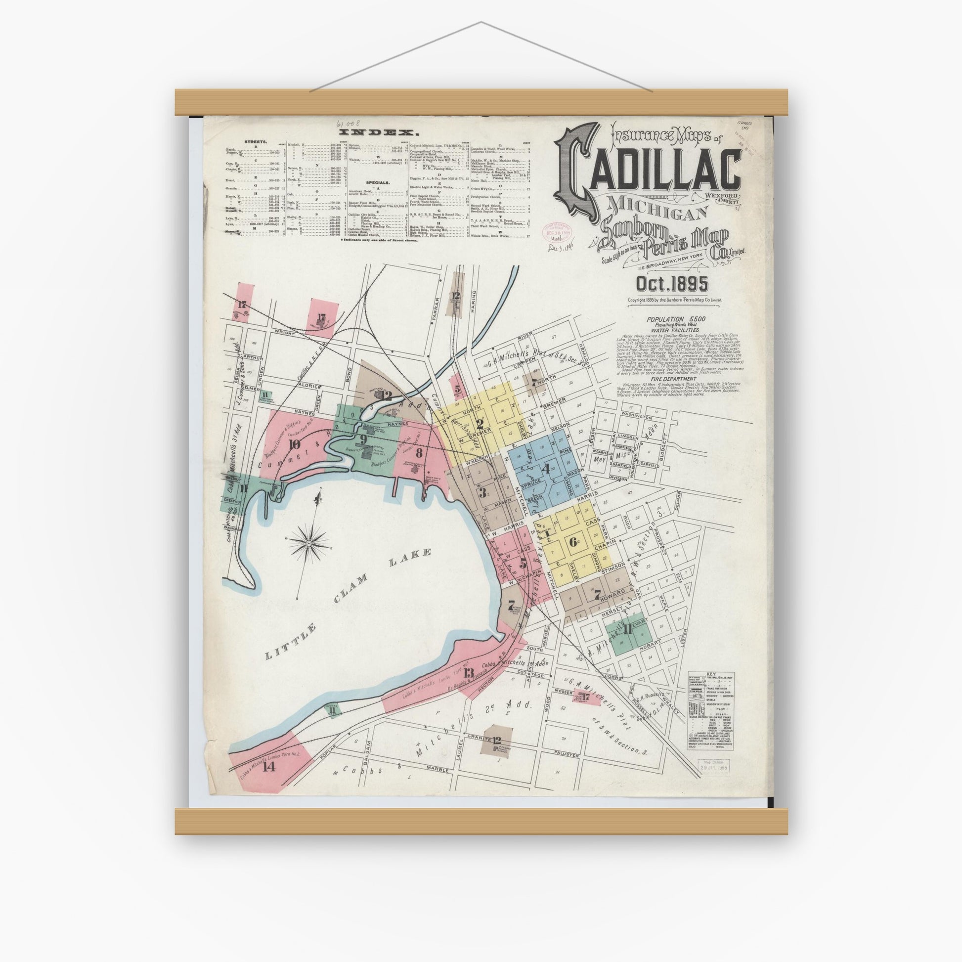 Old map wall art mockup — magnetic wood frame on white wall — Sanborn Fire Insurance Map from Cadillac, Wexford County, Michigan (1895) - Complete Map Set