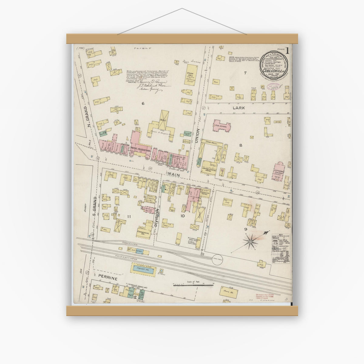 Old map wall art mockup — magnetic wood frame on white wall — Sanborn Fire Insurance Map from Cobleskill, Schoharie County, New York (1887) - Complete Map Set