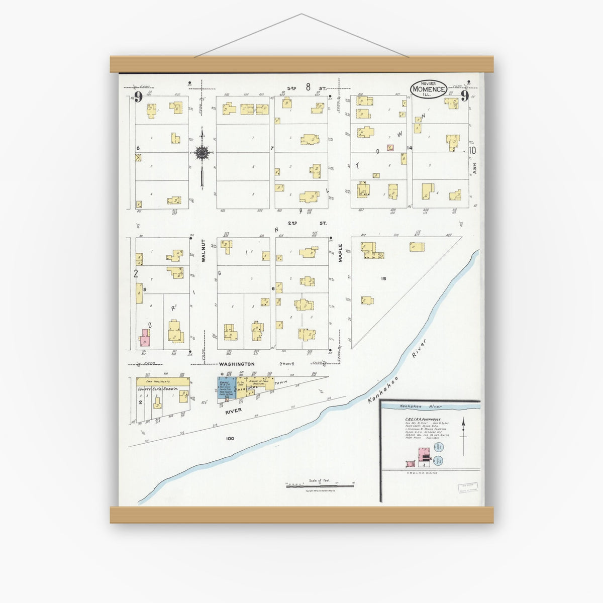 Old map wall art mockup — magnetic wood frame on white wall — Sanborn Fire Insurance Map from Momence, Kankakee County, Illinois (1924), Sheet #0009