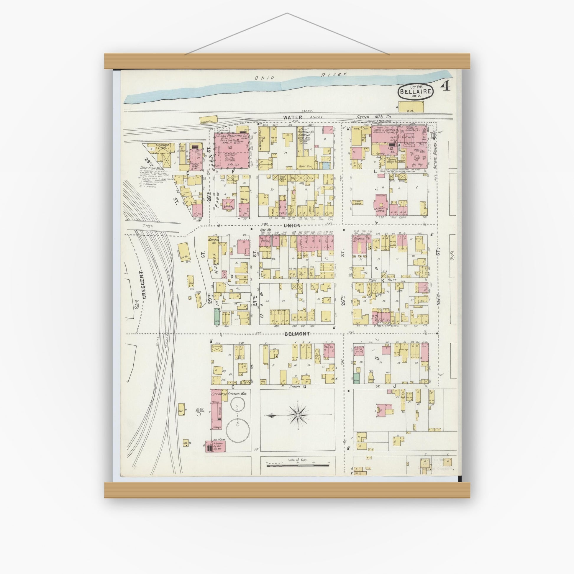 Old map wall art mockup — magnetic wood frame on white wall — Sanborn Fire Insurance Map from Bellaire, Belmont County, Ohio (1895), Sheet #0004