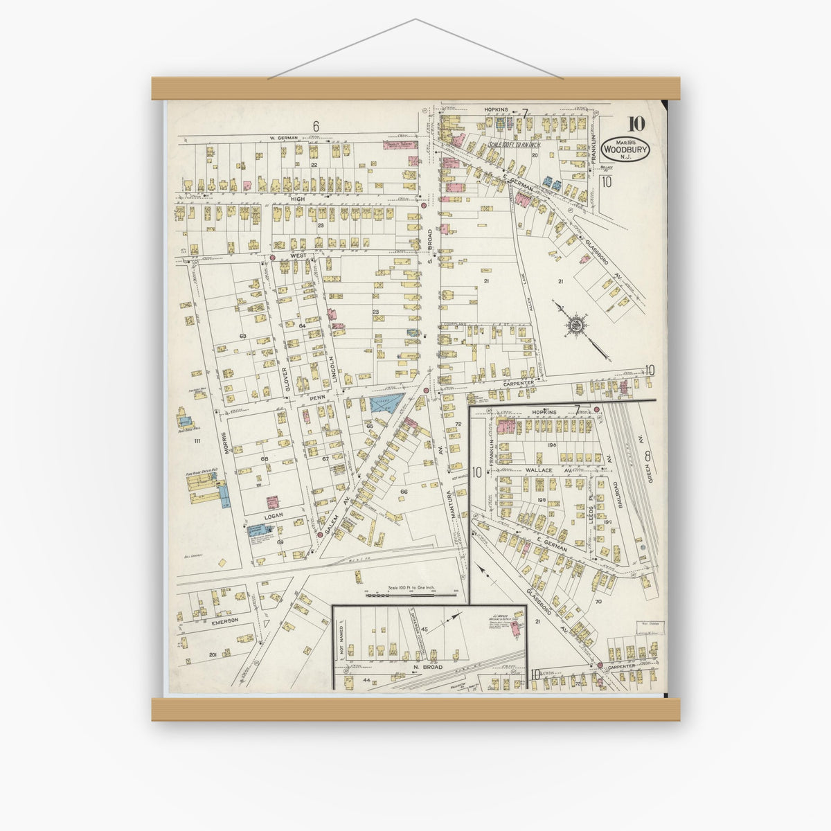 Old map wall art mockup — magnetic wood frame on white wall — Sanborn Fire Insurance Map from Woodbury, Gloucester County, New Jersey (1915), Sheet #0010