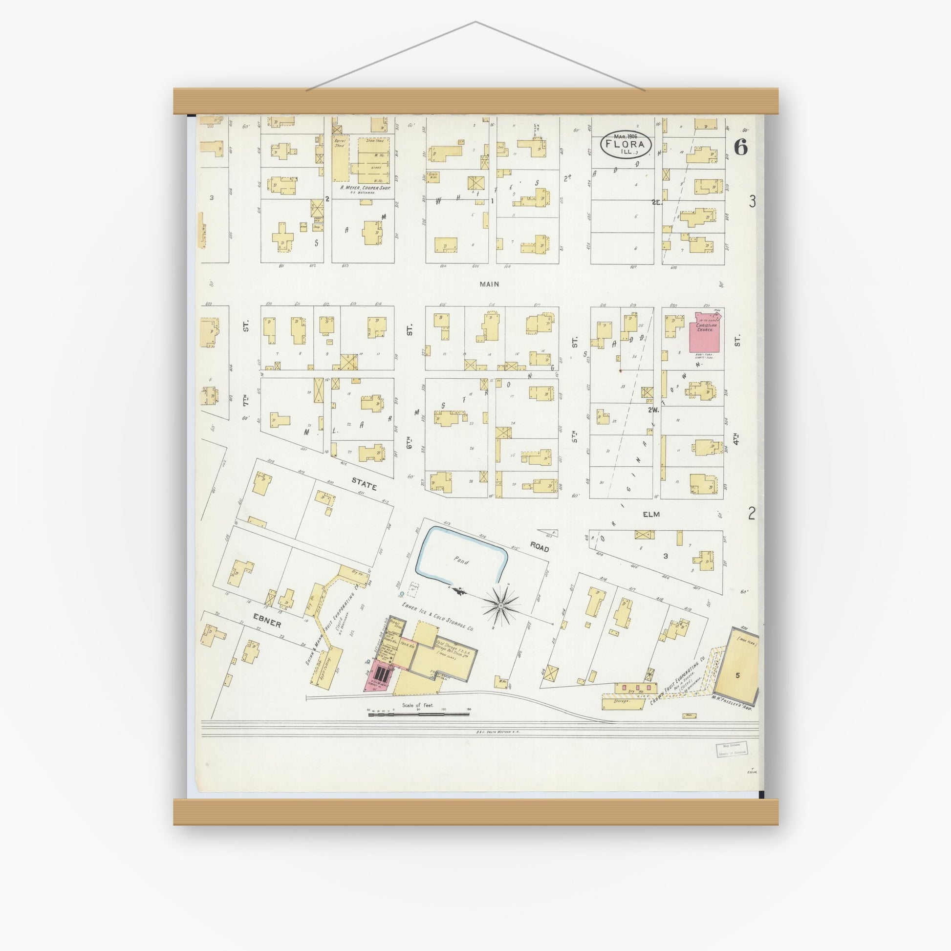 Old map wall art mockup — magnetic wood frame on white wall — Sanborn Fire Insurance Map from Flora, Clay County, Illinois (1906), Sheet #0006