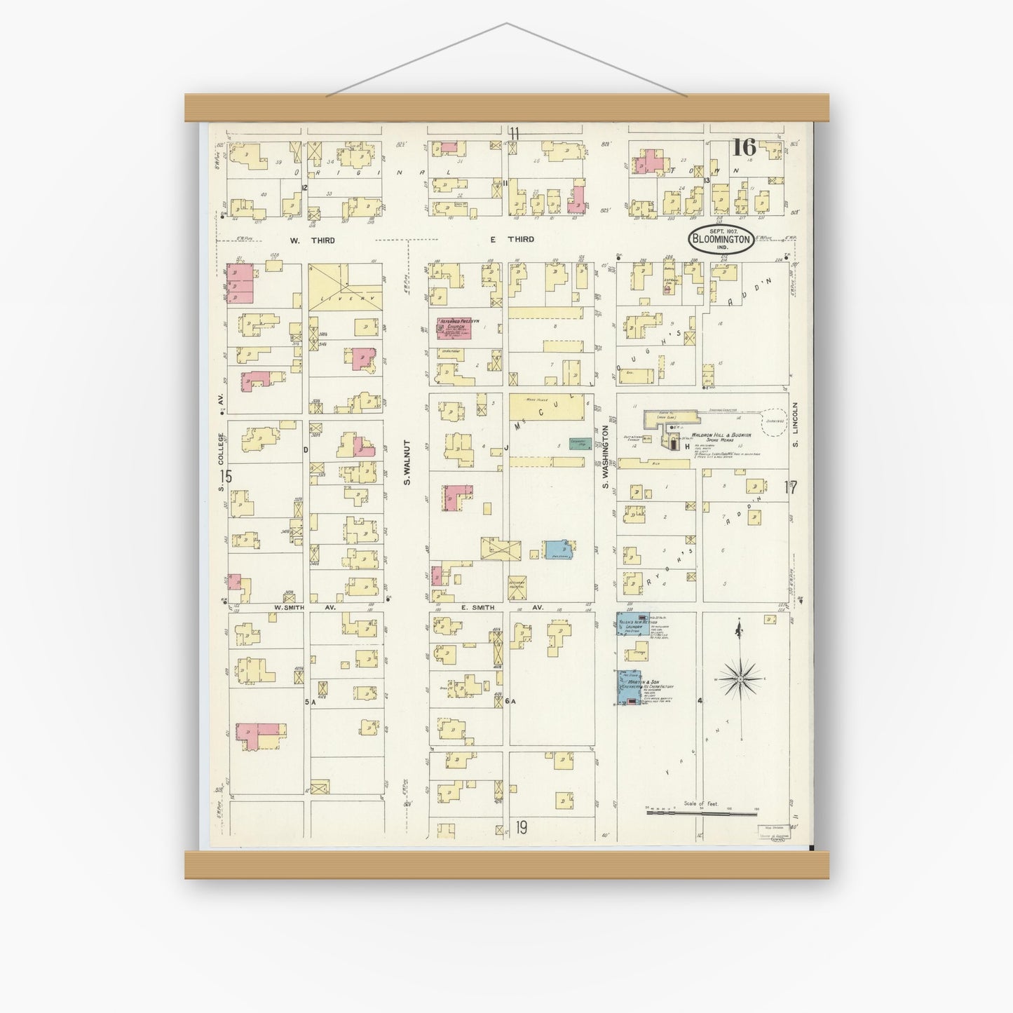 Old map wall art mockup — magnetic wood frame on white wall — Sanborn Fire Insurance Map from Bloomington, Monroe County, Indiana (1907), Sheet #0016