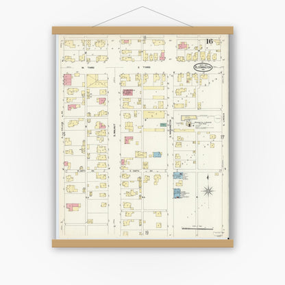 Old map wall art mockup — magnetic wood frame on white wall — Sanborn Fire Insurance Map from Bloomington, Monroe County, Indiana (1907), Sheet #0016