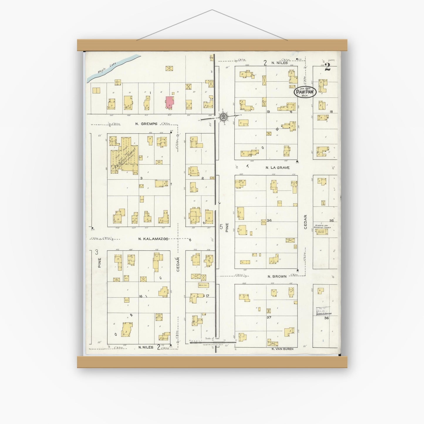 Old map wall art mockup — magnetic wood frame on white wall — Sanborn Fire Insurance Map from Paw Paw, Van Buren County, Michigan (1922), Sheet #0002