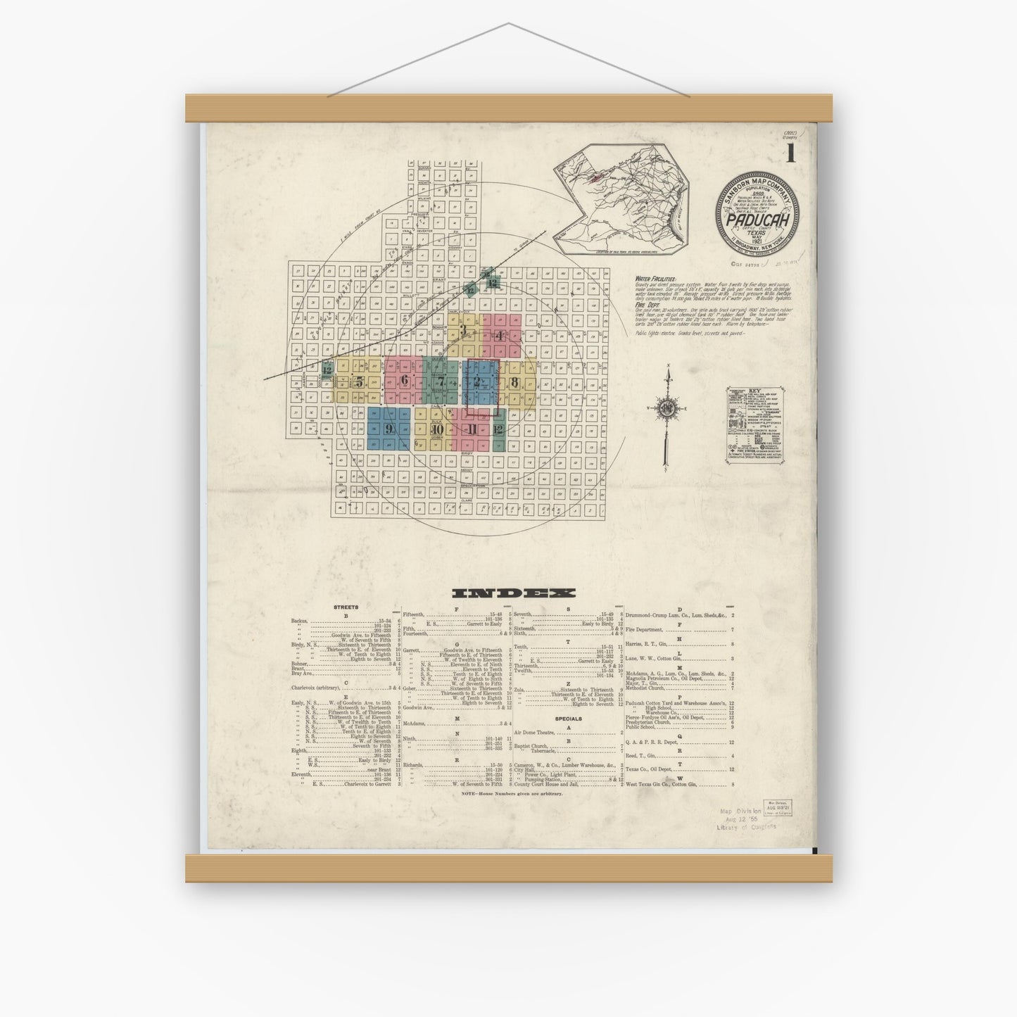 Old map wall art mockup — magnetic wood frame on white wall — Sanborn Fire Insurance Map from Paducah, Cottle County, Texas (1921) - Complete Map Set