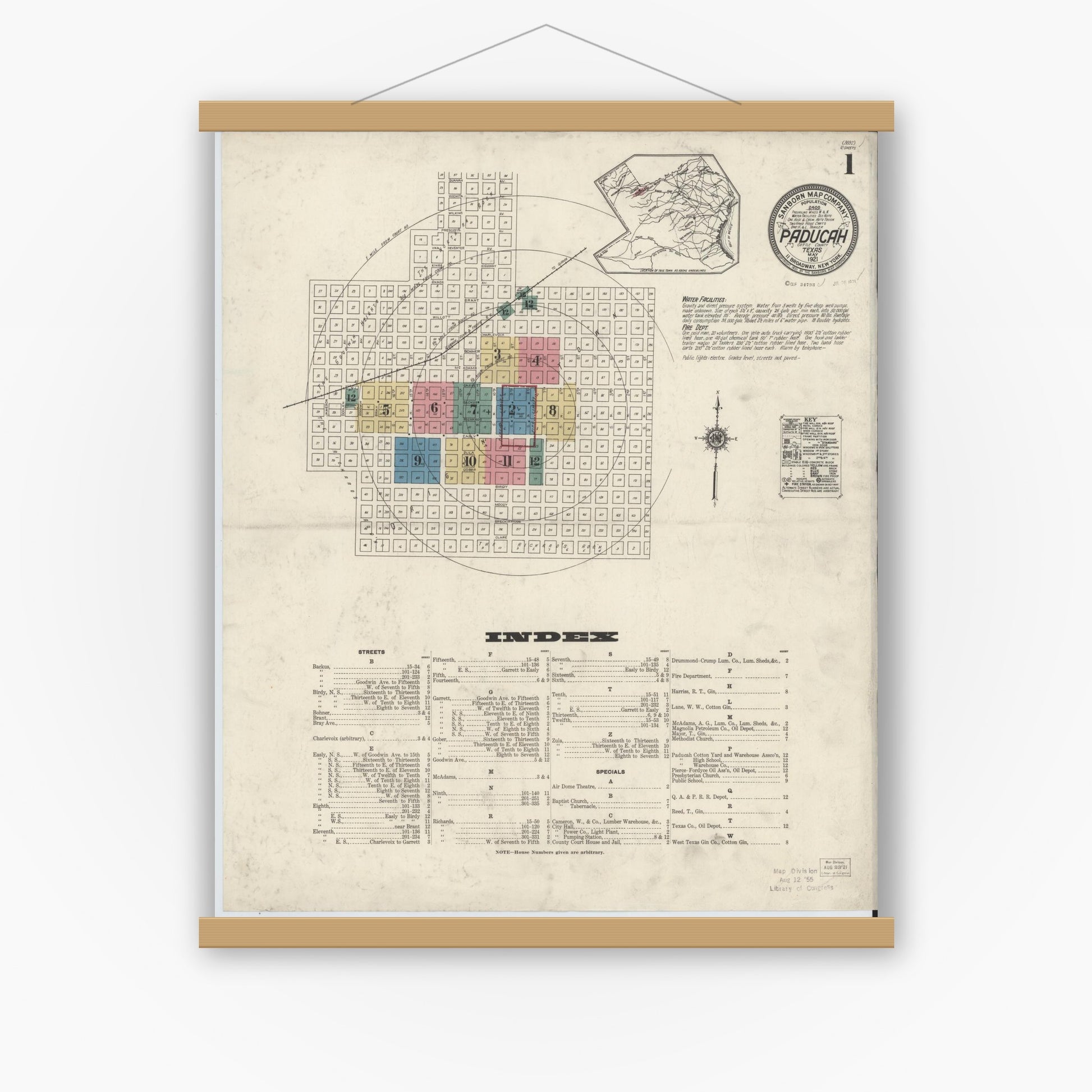 Old map wall art mockup — magnetic wood frame on white wall — Sanborn Fire Insurance Map from Paducah, Cottle County, Texas (1921) - Complete Map Set