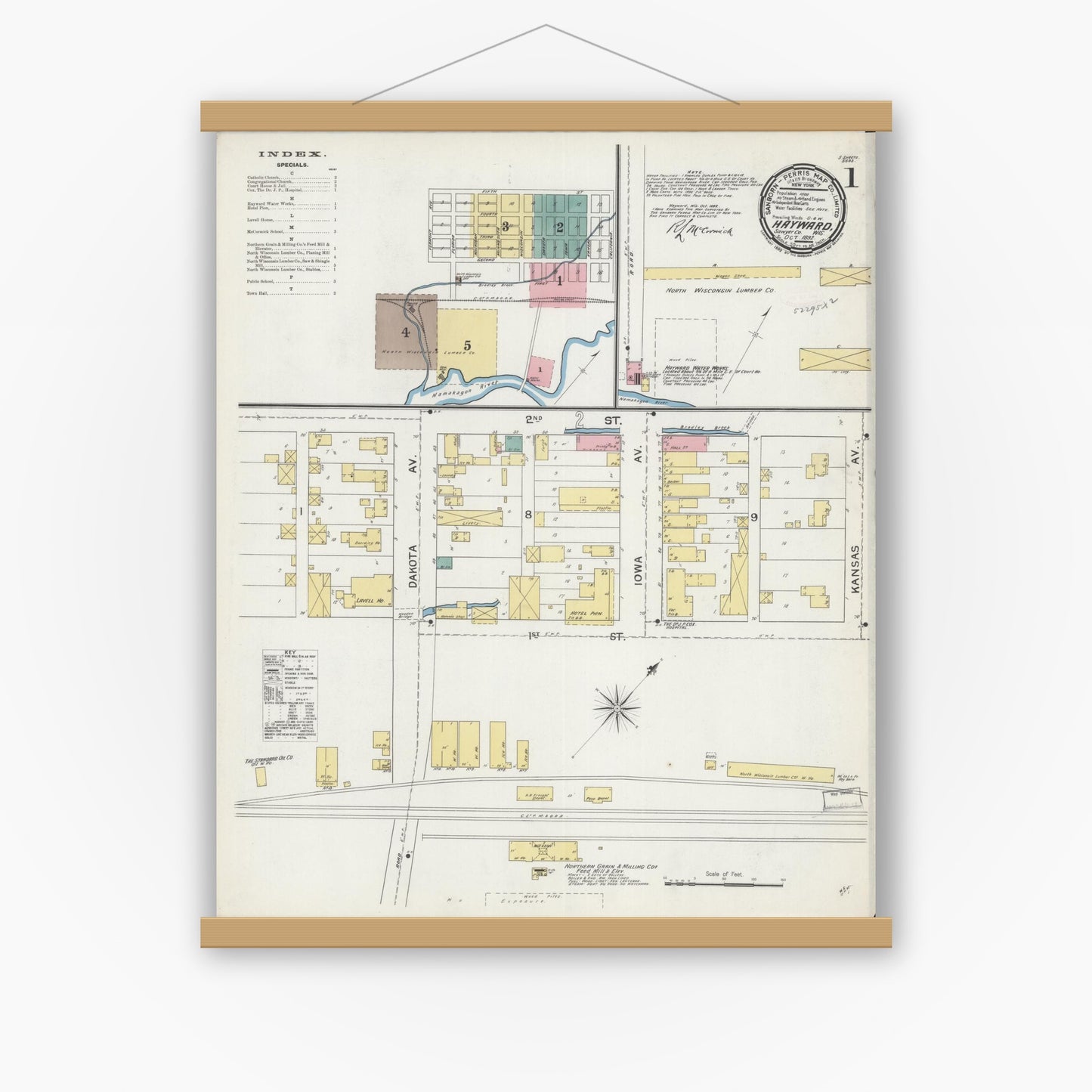 Old map wall art mockup — magnetic wood frame on white wall — Sanborn Fire Insurance Map from Hayward, Sawyer County, Wisconsin (1892) - Complete Map Set