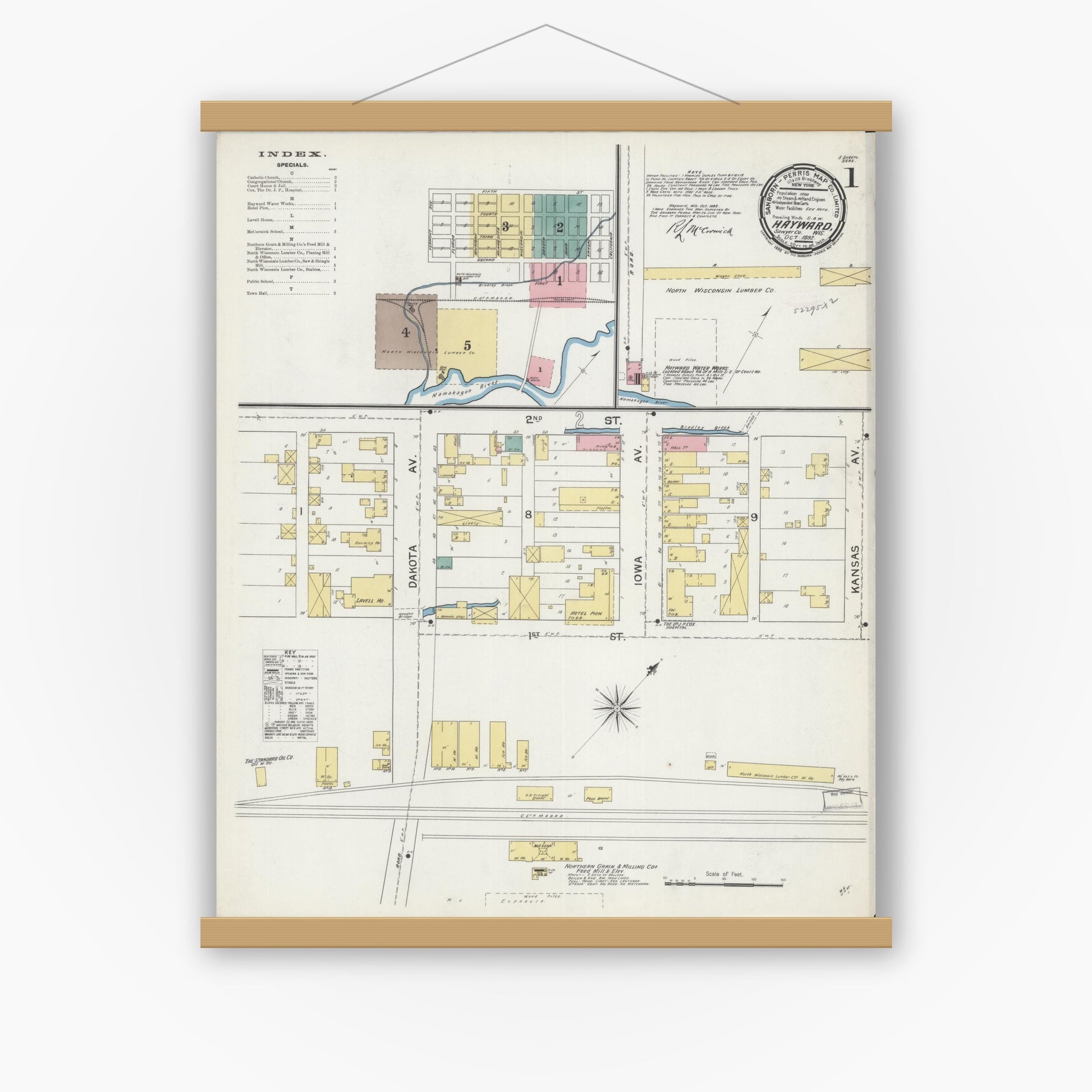 Old map wall art mockup — magnetic wood frame on white wall — Sanborn Fire Insurance Map from Hayward, Sawyer County, Wisconsin (1892) - Complete Map Set