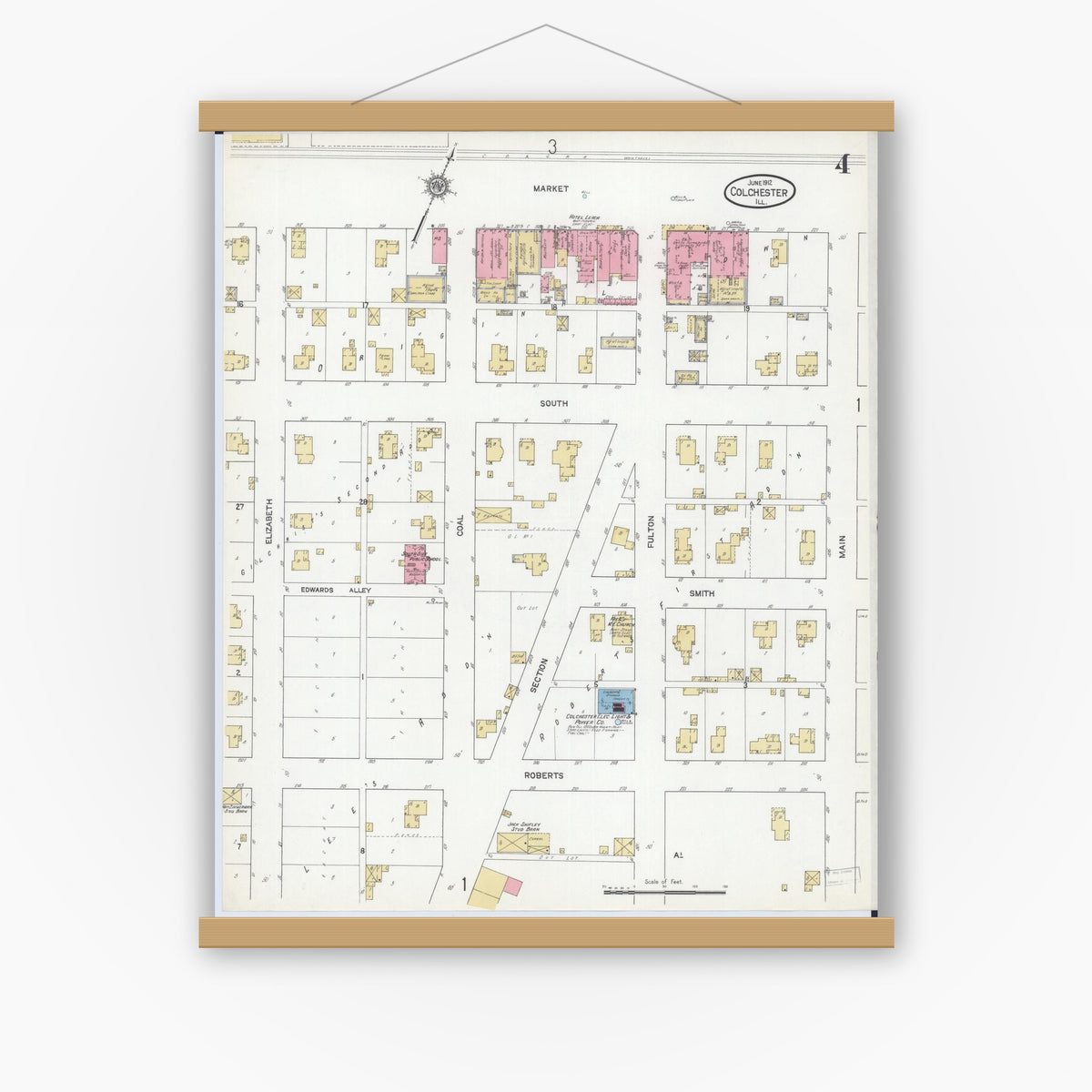 Old map wall art mockup — magnetic wood frame on white wall — Sanborn Fire Insurance Map from Colchester, Mcdonough County, Illinois (1912), Sheet #0004