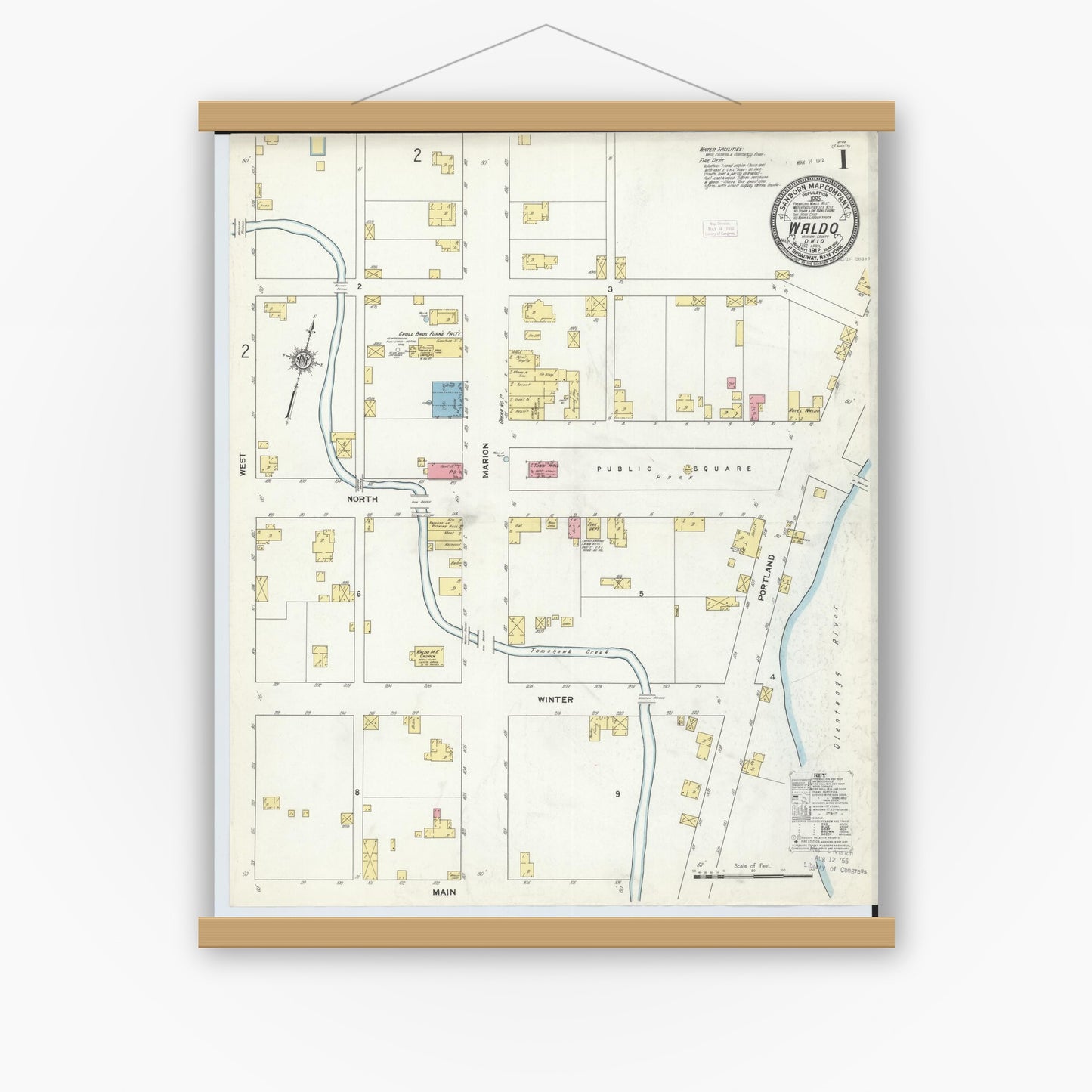 Old map wall art mockup — magnetic wood frame on white wall — Sanborn Fire Insurance Map from Waldo, Marion County, Ohio (1912) - Complete Map Set