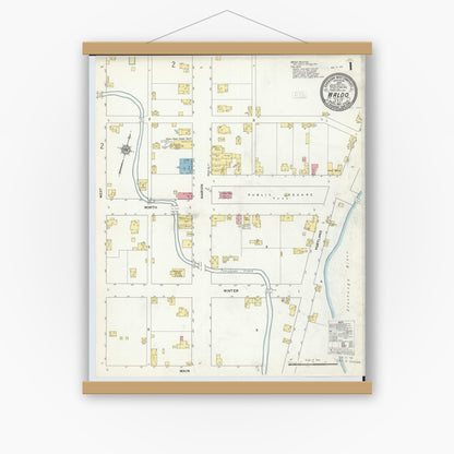 Old map wall art mockup — magnetic wood frame on white wall — Sanborn Fire Insurance Map from Waldo, Marion County, Ohio (1912) - Complete Map Set