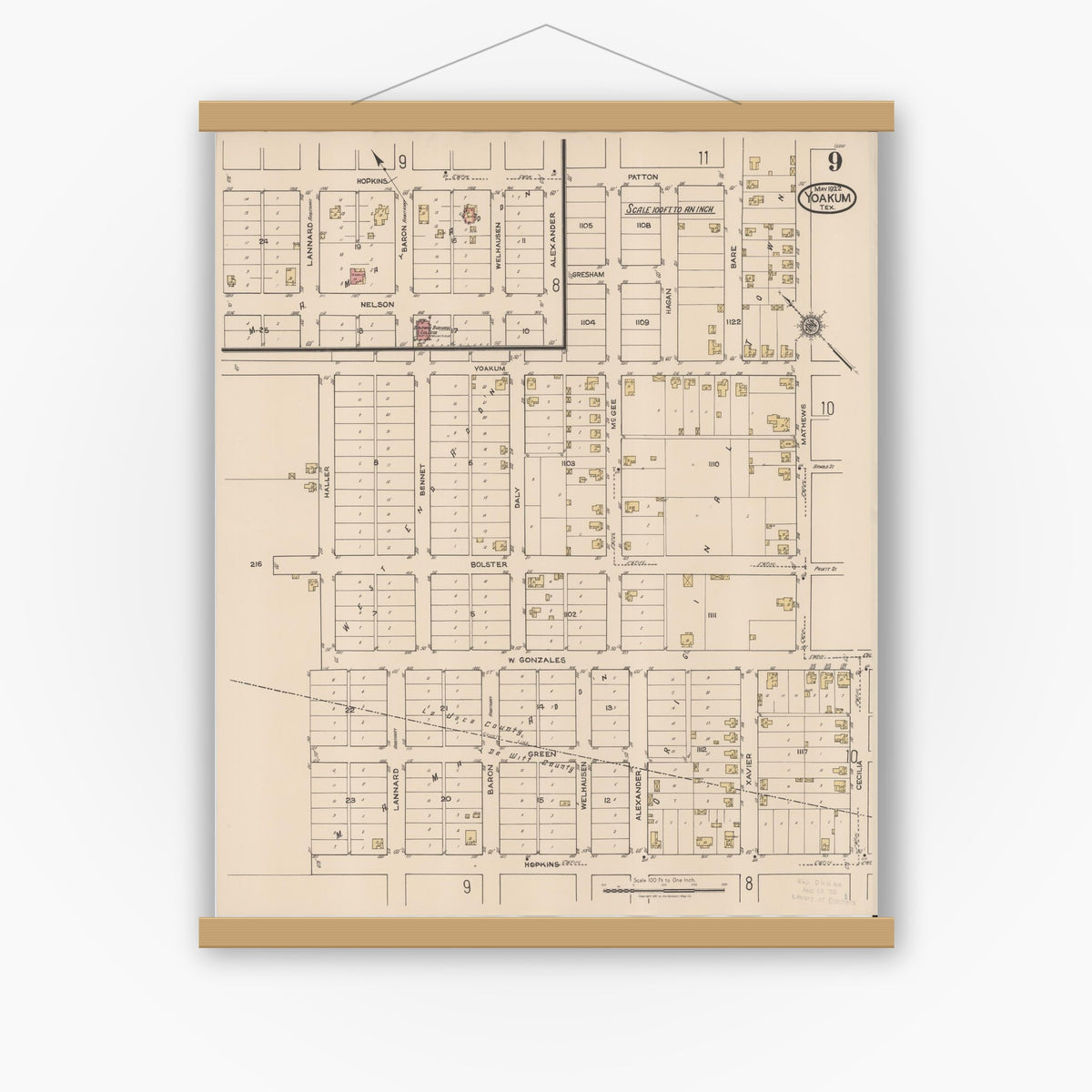 Old map wall art mockup — magnetic wood frame on white wall — Sanborn Fire Insurance Map from Yoakum, De Witt And Lavaca Counties, Texas (1922), Sheet #0009