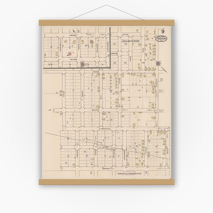 Old map wall art mockup — magnetic wood frame on white wall — Sanborn Fire Insurance Map from Yoakum, De Witt And Lavaca Counties, Texas (1922), Sheet #0009