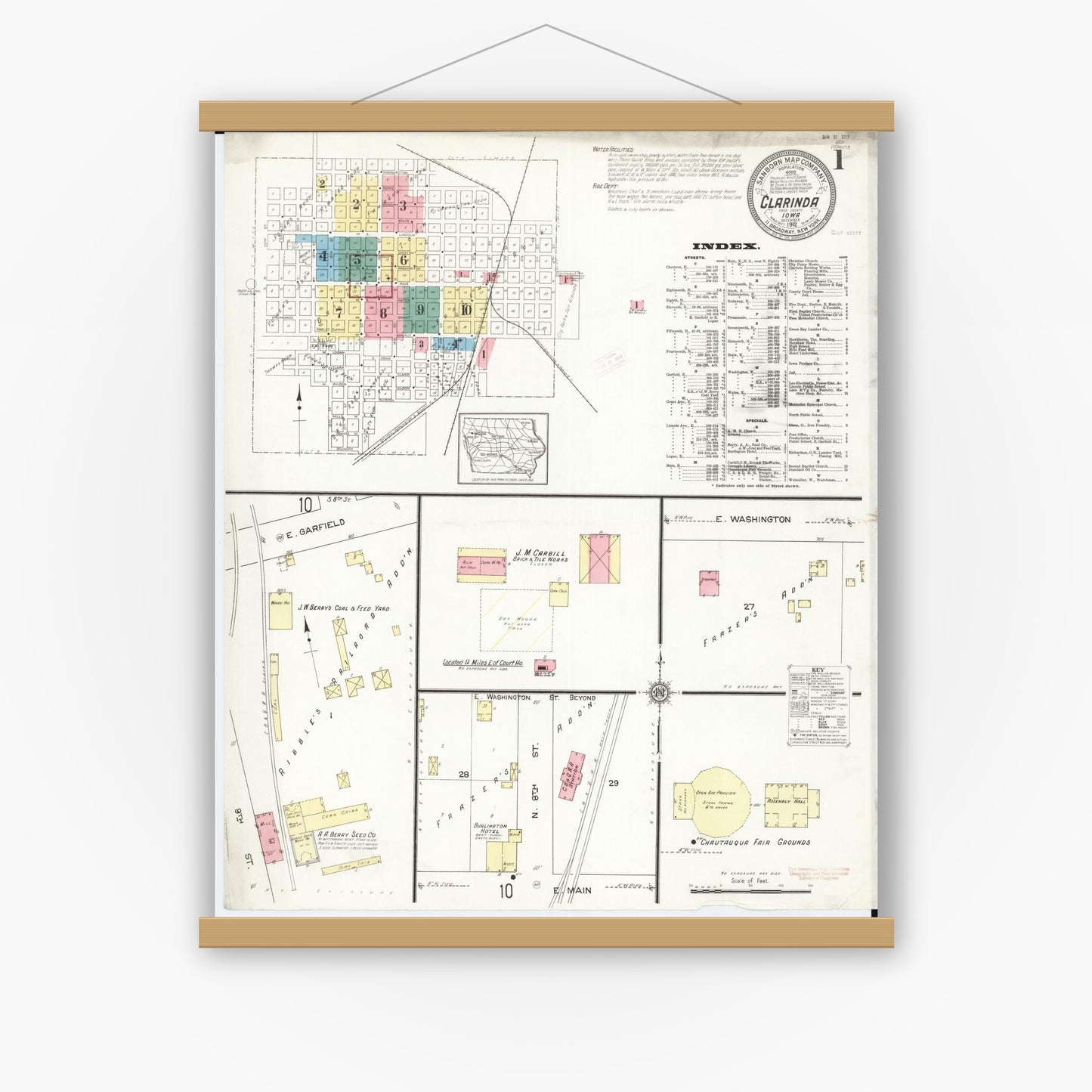 Old map wall art mockup — magnetic wood frame on white wall — Sanborn Fire Insurance Map from Clarinda, Page County, Iowa (1912), Sheet #0001