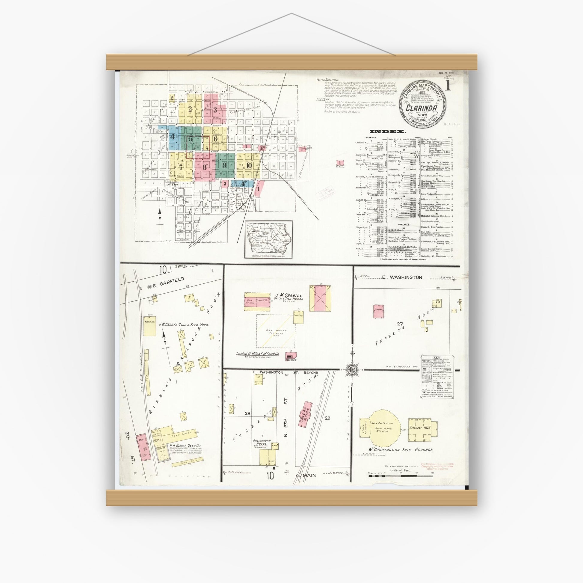 Old map wall art mockup — magnetic wood frame on white wall — Sanborn Fire Insurance Map from Clarinda, Page County, Iowa (1912), Sheet #0001