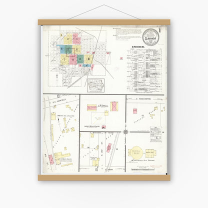 Old map wall art mockup — magnetic wood frame on white wall — Sanborn Fire Insurance Map from Clarinda, Page County, Iowa (1912), Sheet #0001