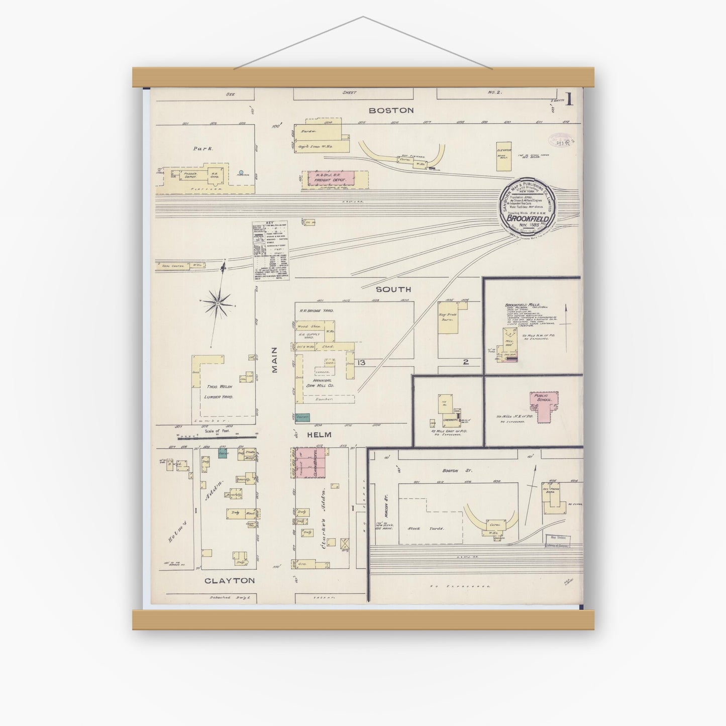 Old map wall art mockup — magnetic wood frame on white wall — Sanborn Fire Insurance Map from Brookfield, Linn County, Missouri (1885) - Complete Map Set