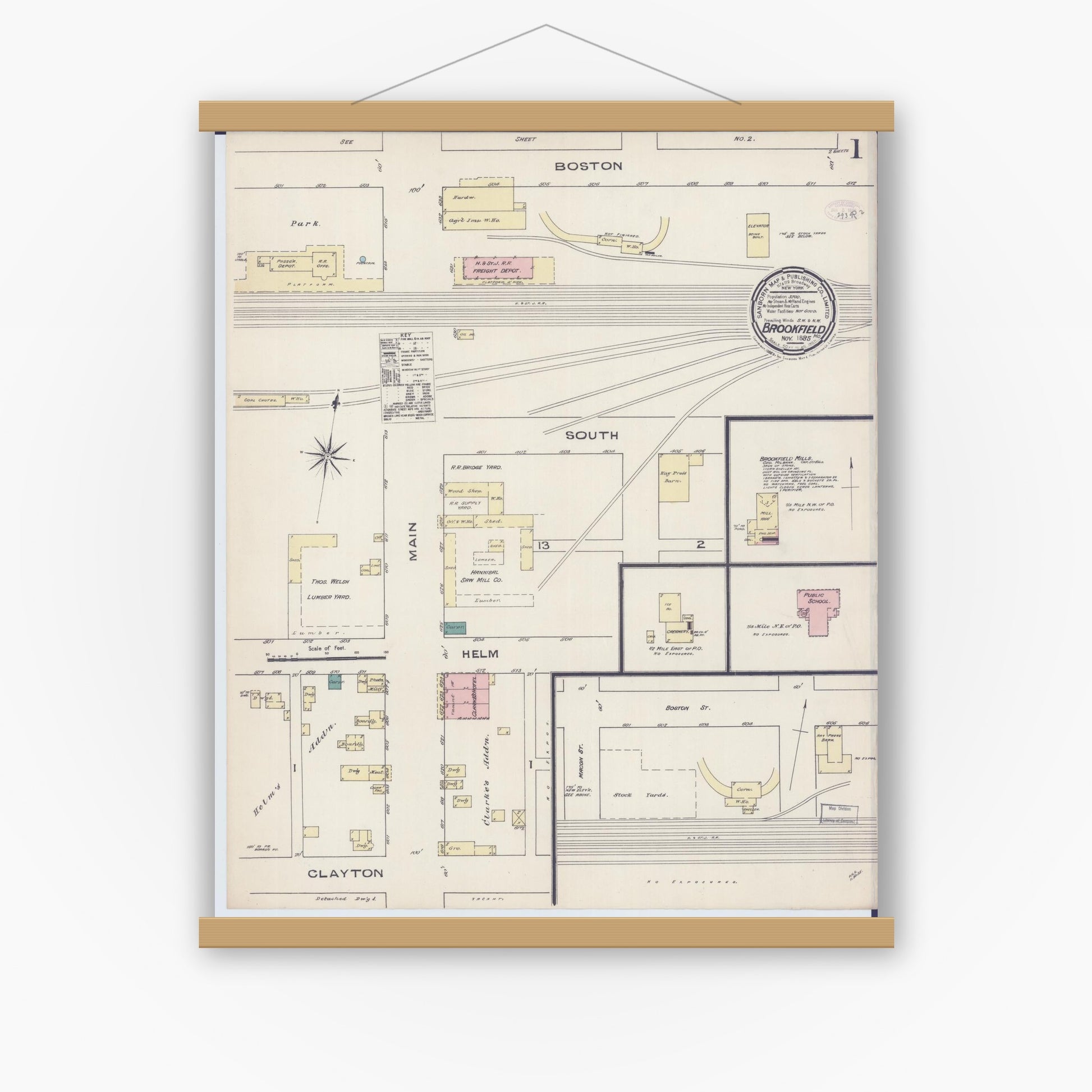 Old map wall art mockup — magnetic wood frame on white wall — Sanborn Fire Insurance Map from Brookfield, Linn County, Missouri (1885) - Complete Map Set