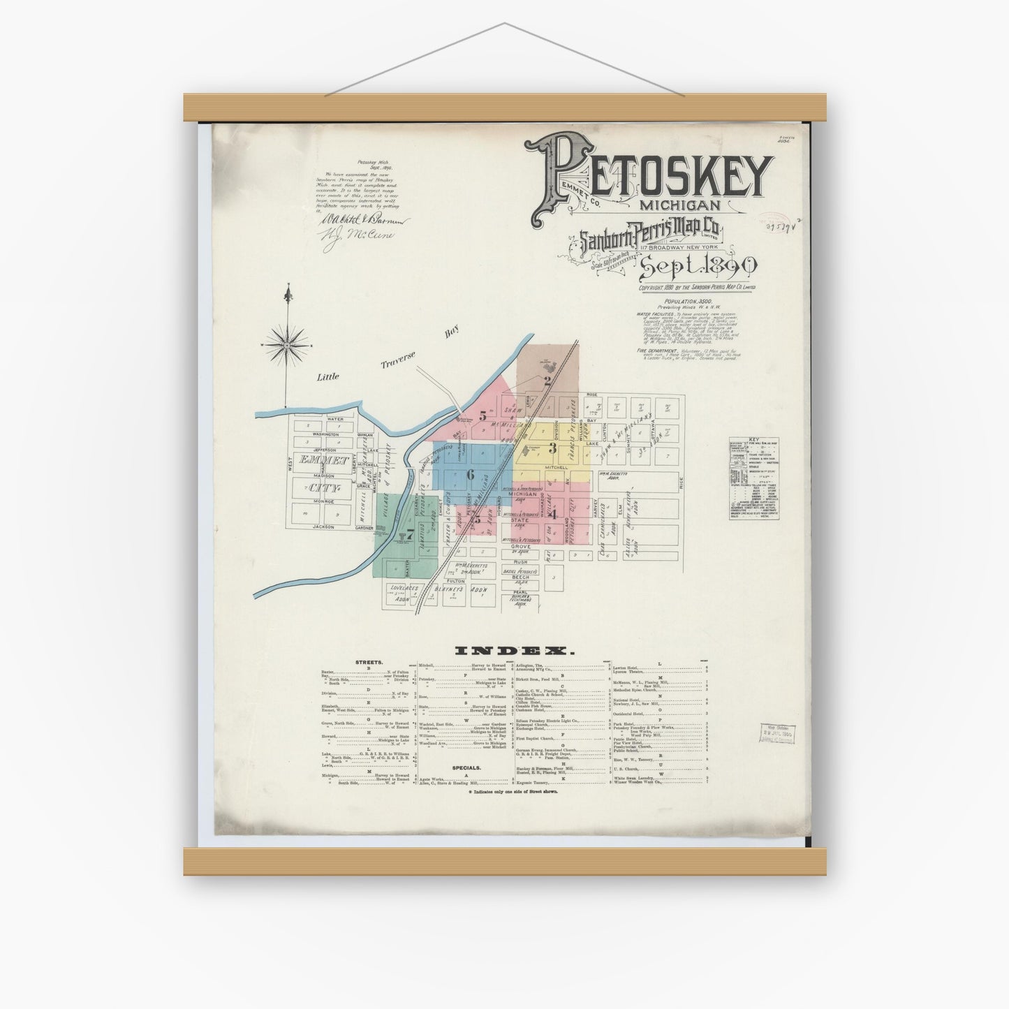 Old map wall art mockup — magnetic wood frame on white wall — Sanborn Fire Insurance Map from Petoskey, Emmet County, Michigan (1890), Sheet #0001