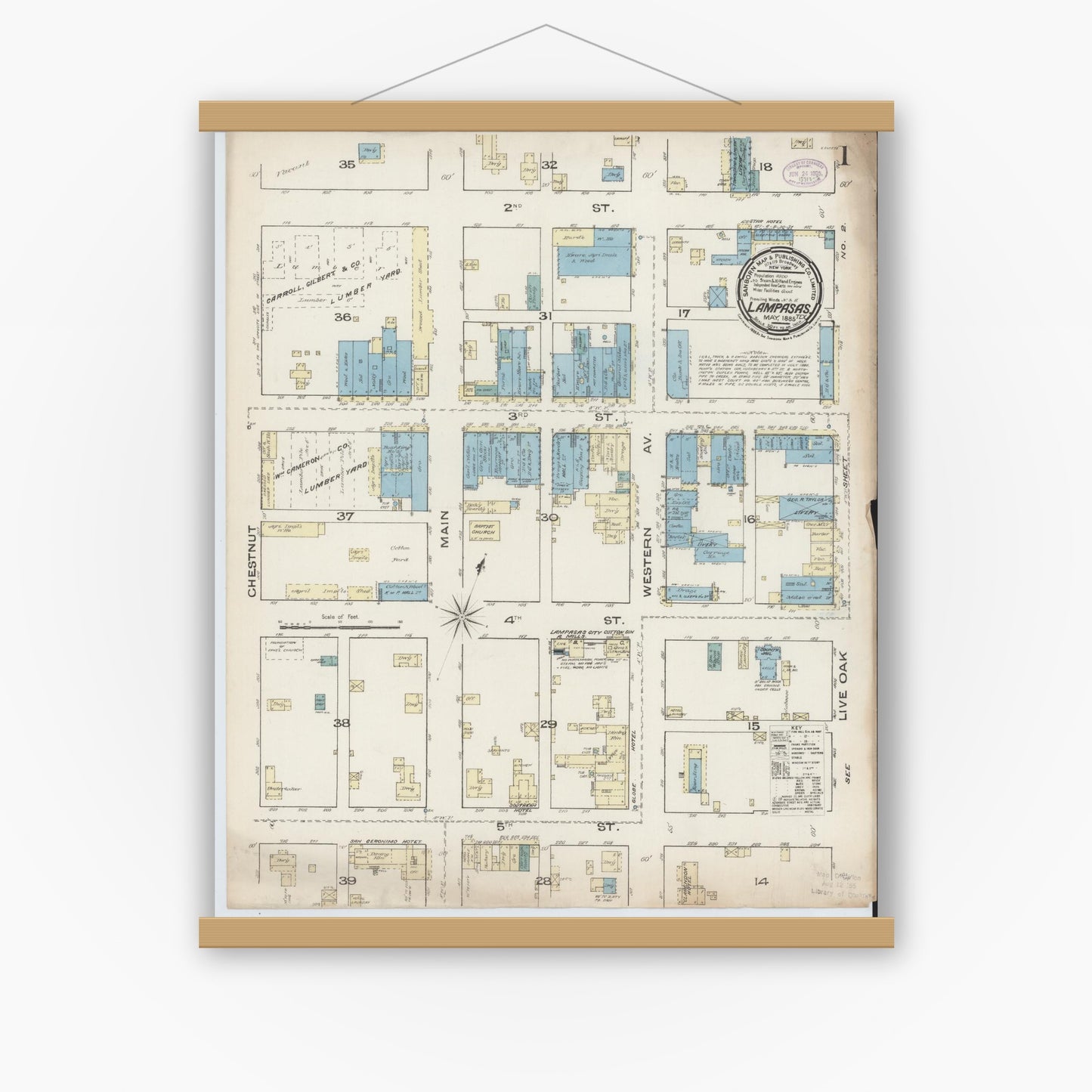 Old map wall art mockup — magnetic wood frame on white wall — Sanborn Fire Insurance Map from Lampasas, Lampasas County, Texas (1885) - Complete Map Set