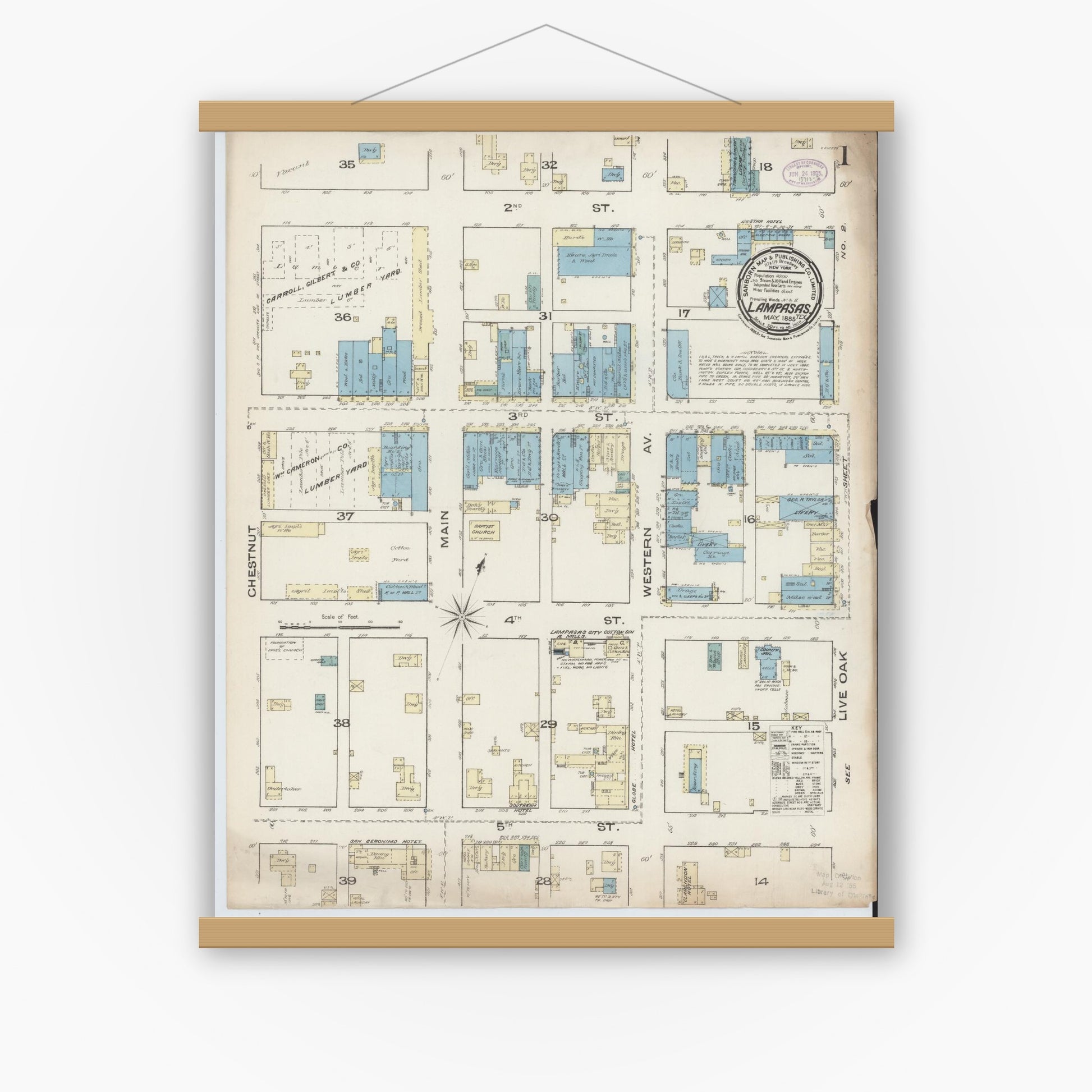 Old map wall art mockup — magnetic wood frame on white wall — Sanborn Fire Insurance Map from Lampasas, Lampasas County, Texas (1885) - Complete Map Set