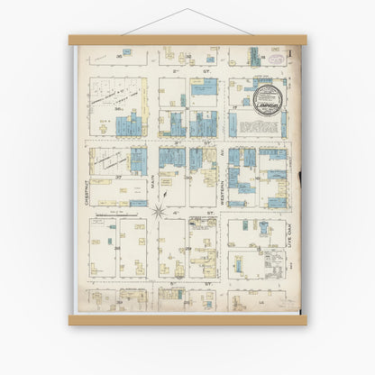 Old map wall art mockup — magnetic wood frame on white wall — Sanborn Fire Insurance Map from Lampasas, Lampasas County, Texas (1885) - Complete Map Set