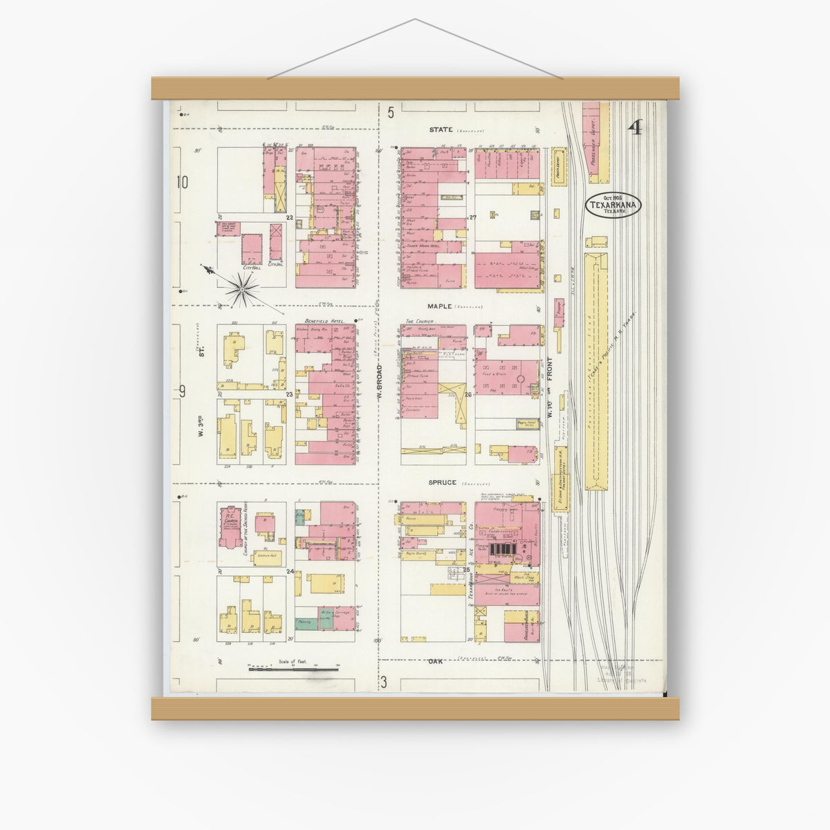 Old map wall art mockup — magnetic wood frame on white wall — Sanborn Fire Insurance Map from Texarkana, Bowie County, Texas (1905), Sheet #0004