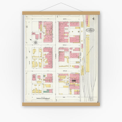 Old map wall art mockup — magnetic wood frame on white wall — Sanborn Fire Insurance Map from Texarkana, Bowie County, Texas (1905), Sheet #0004
