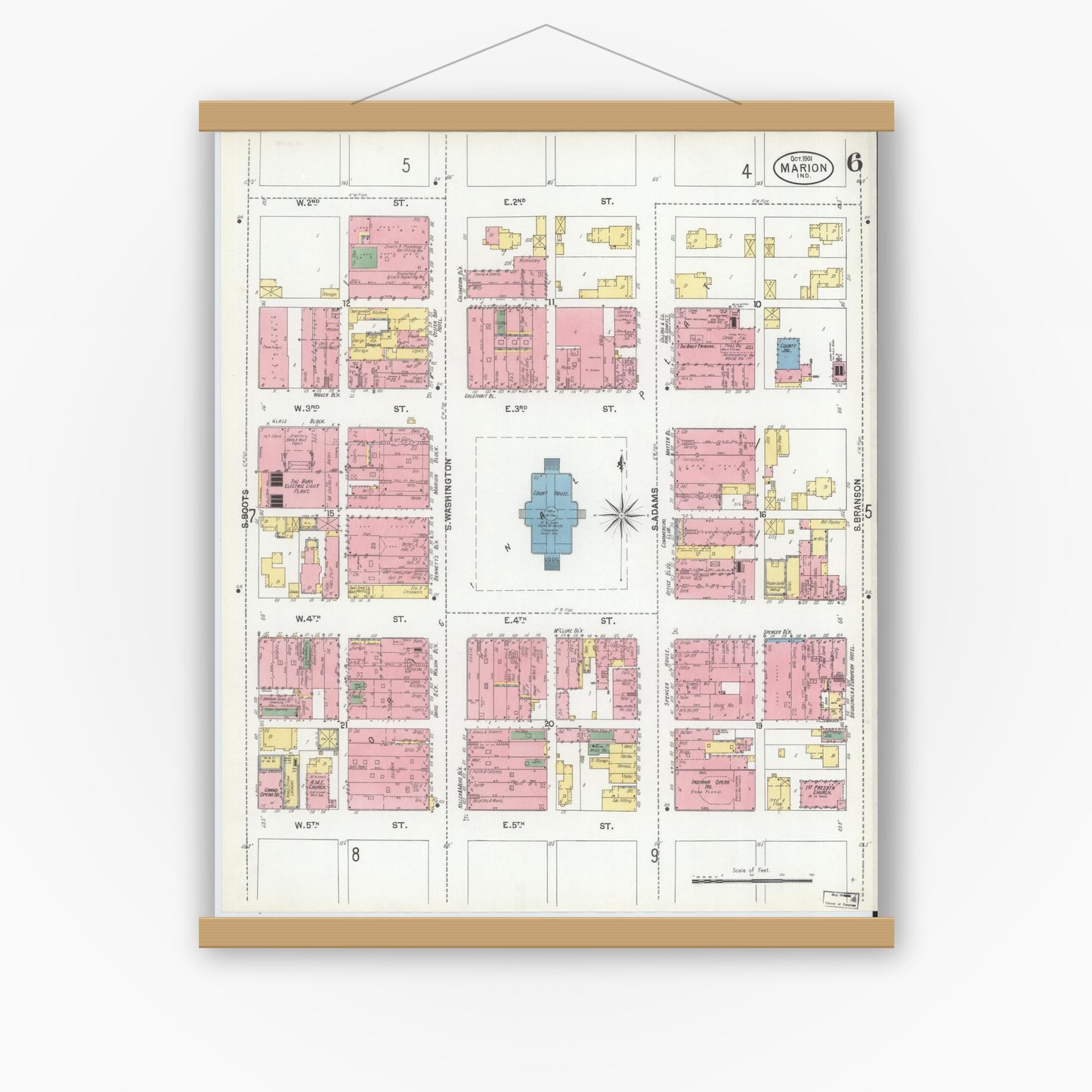 Old map wall art mockup — magnetic wood frame on white wall — Sanborn Fire Insurance Map from Marion, Grant County, Indiana (1901), Sheet #0006