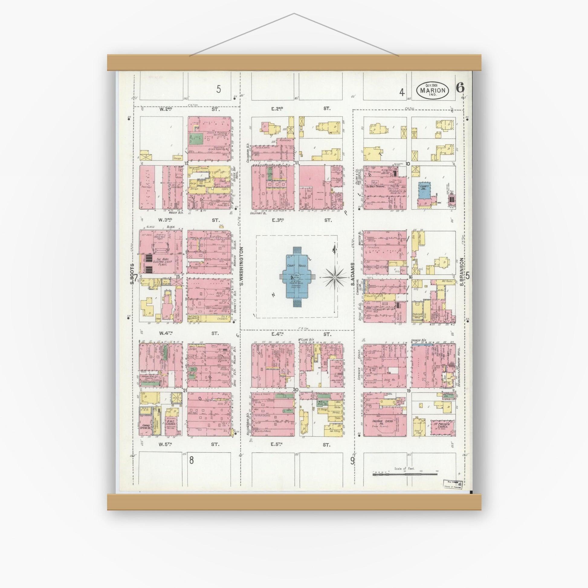 Old map wall art mockup — magnetic wood frame on white wall — Sanborn Fire Insurance Map from Marion, Grant County, Indiana (1901), Sheet #0006