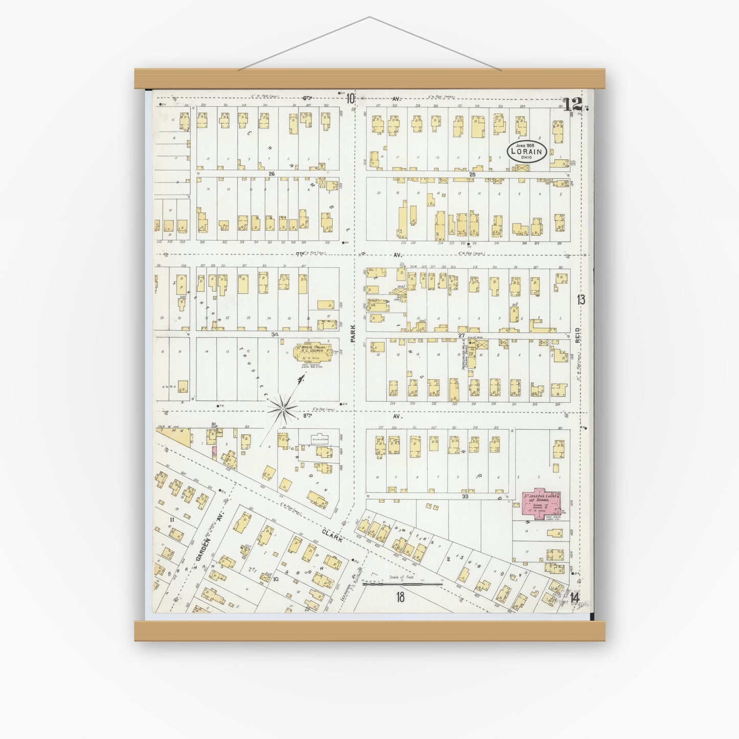 Old map wall art mockup — magnetic wood frame on white wall — Sanborn Fire Insurance Map from Lorain, Lorain County, Ohio (1905), Sheet #0012