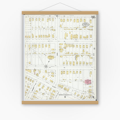 Old map wall art mockup — magnetic wood frame on white wall — Sanborn Fire Insurance Map from Lorain, Lorain County, Ohio (1905), Sheet #0012