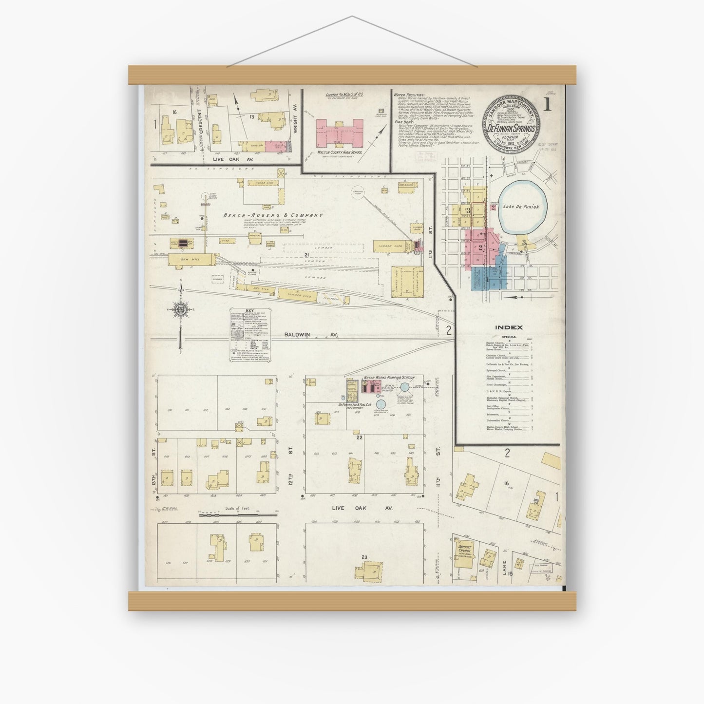 Old map wall art mockup — magnetic wood frame on white wall — Sanborn Fire Insurance Map from De Funiak Springs, Walton County, Florida (1912), Sheet #0001
