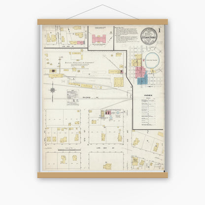 Old map wall art mockup — magnetic wood frame on white wall — Sanborn Fire Insurance Map from De Funiak Springs, Walton County, Florida (1912), Sheet #0001