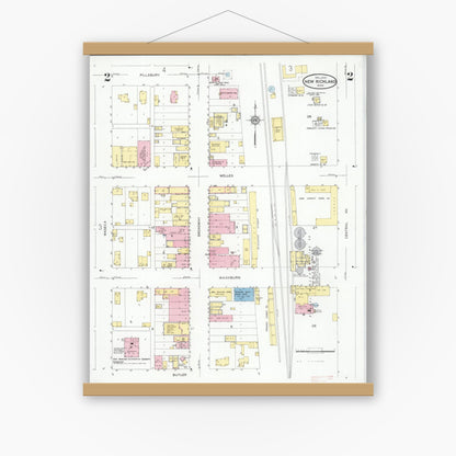 Old map wall art mockup — magnetic wood frame on white wall — Sanborn Fire Insurance Map from New Richland, Waseca County, Minnesota (1930), Sheet #0002