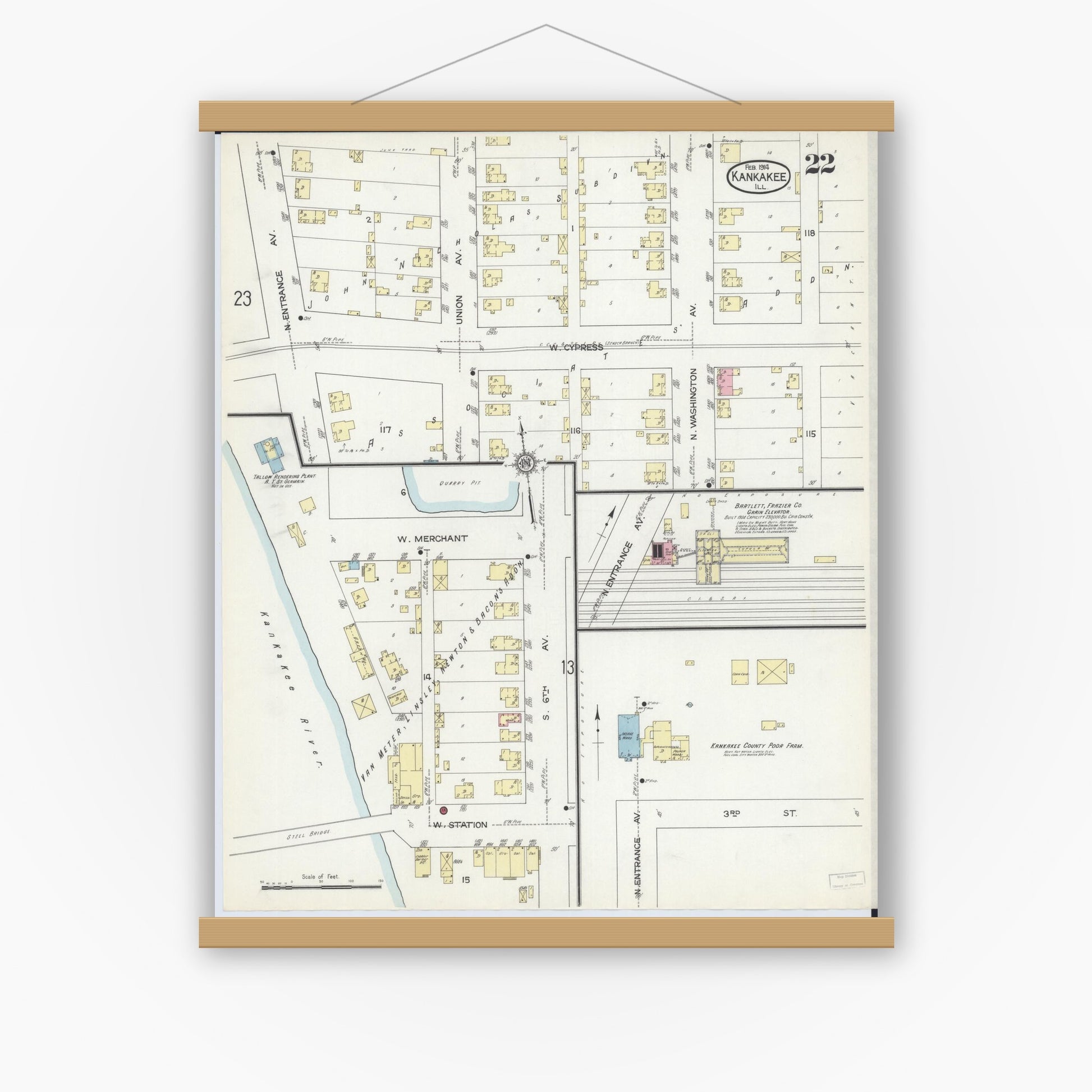 Old map wall art mockup — magnetic wood frame on white wall — Sanborn Fire Insurance Map from Kankakee, Kankakee County, Illinois (1914), Sheet #0022