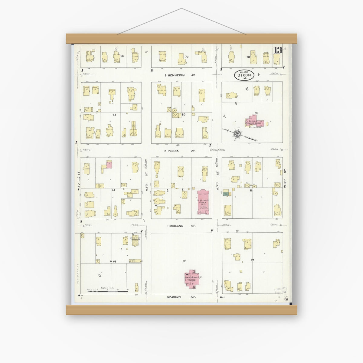 Old map wall art mockup — magnetic wood frame on white wall — Sanborn Fire Insurance Map from Dixon, Lee County, Illinois (1910), Sheet #0013