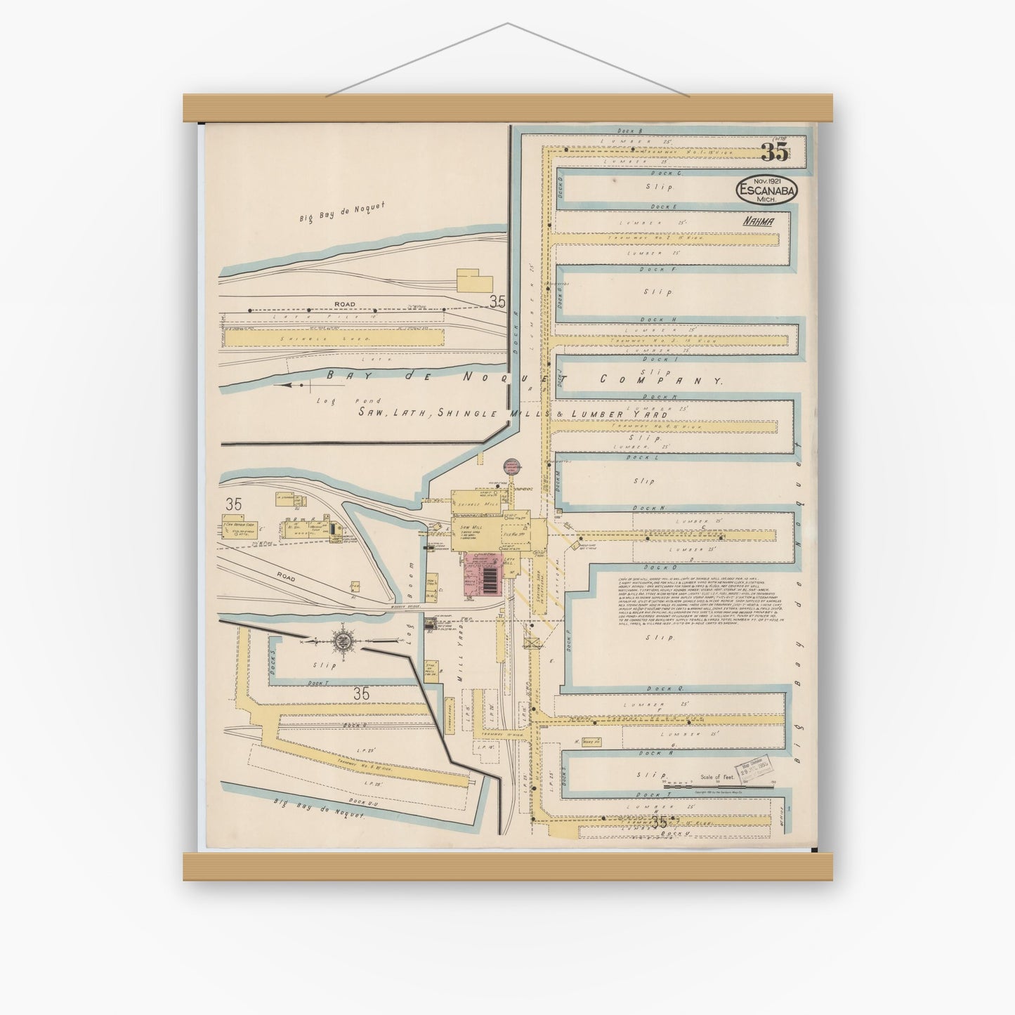 Old map wall art mockup — magnetic wood frame on white wall — Sanborn Fire Insurance Map from Escanaba, Delta County, Michigan (1921), Sheet #0035