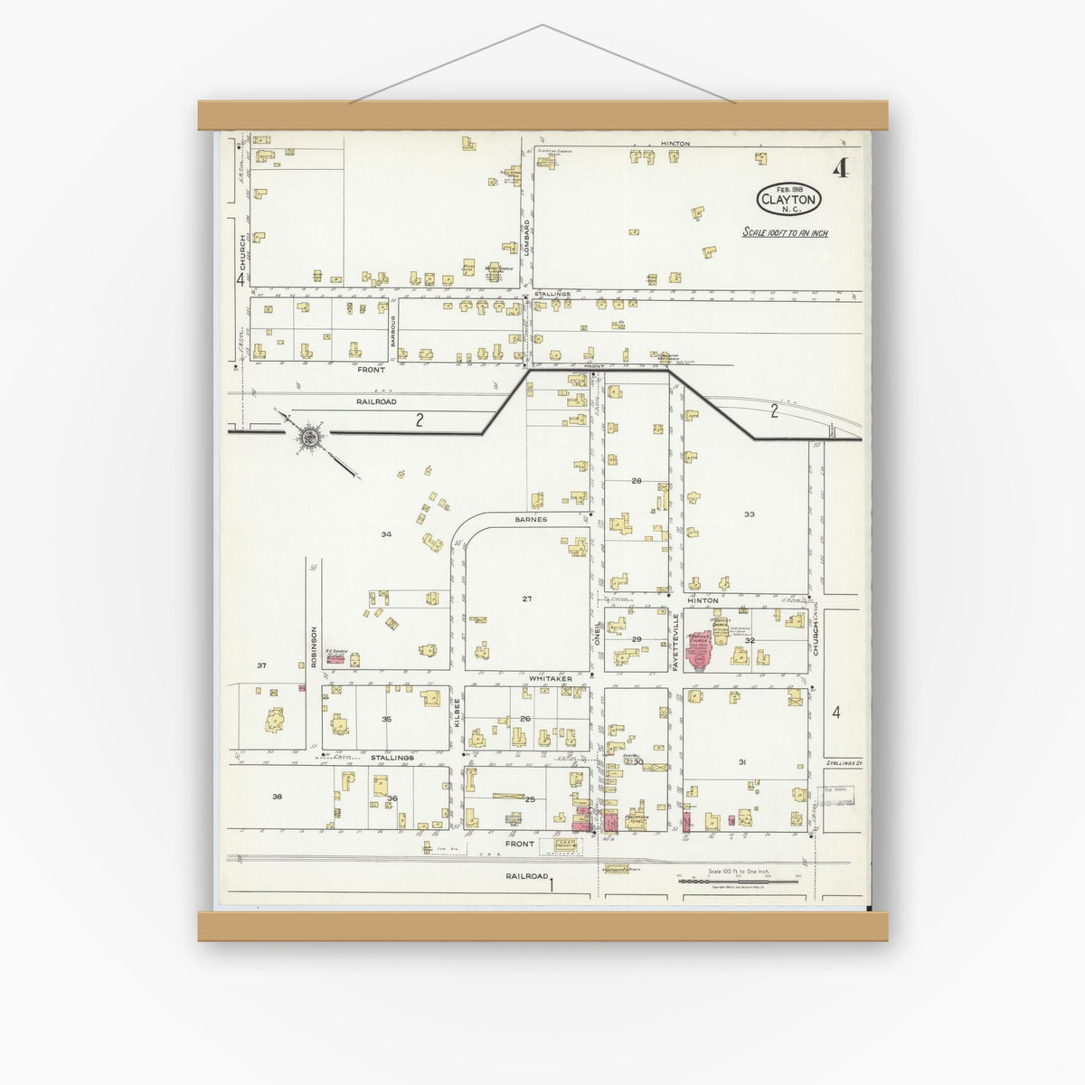 Old map wall art mockup — magnetic wood frame on white wall — Sanborn Fire Insurance Map from Clayton, Johnston County, North Carolina (1918), Sheet #0004