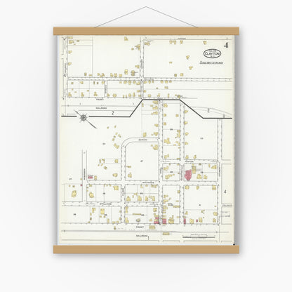 Old map wall art mockup — magnetic wood frame on white wall — Sanborn Fire Insurance Map from Clayton, Johnston County, North Carolina (1918), Sheet #0004