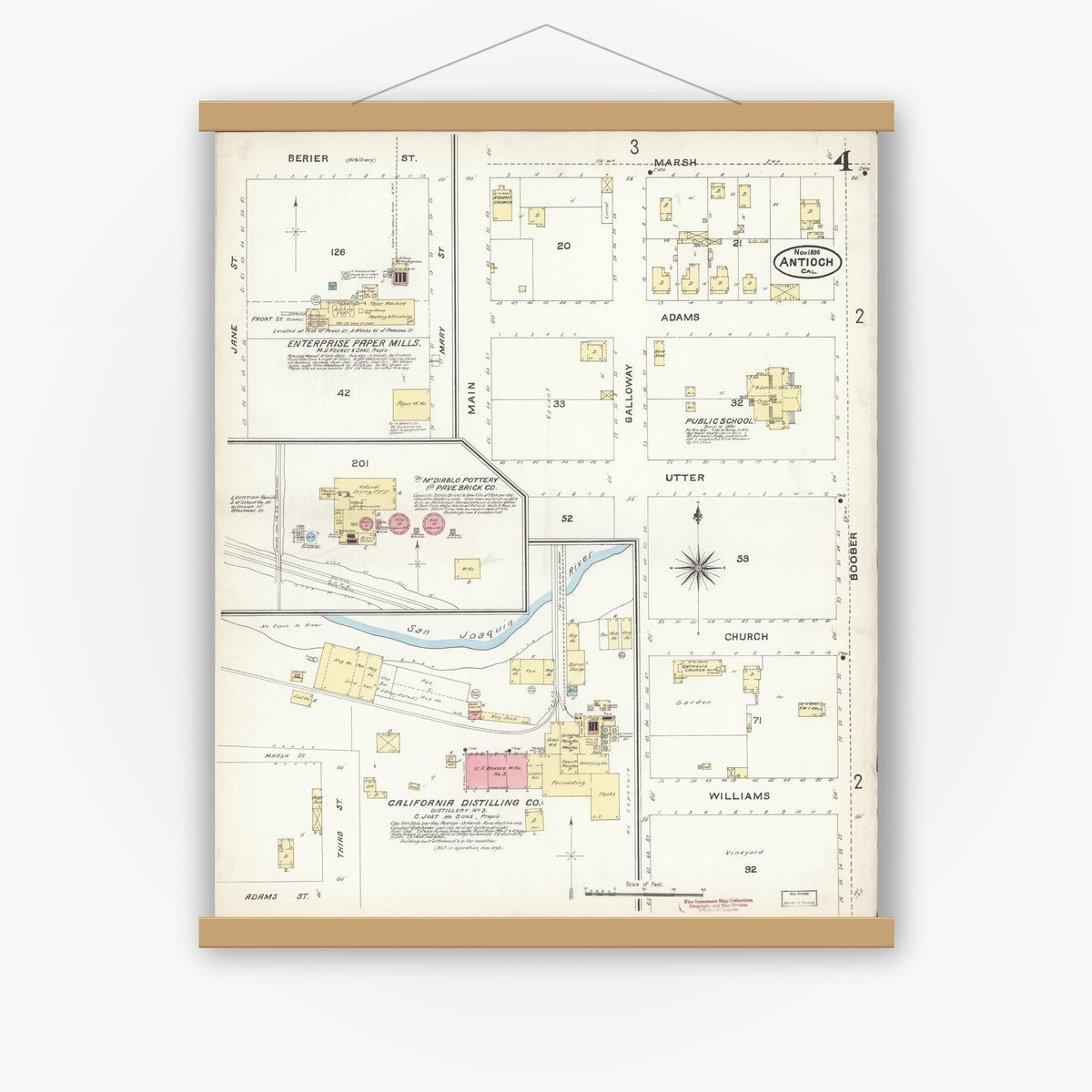 Old map wall art mockup — magnetic wood frame on white wall — Sanborn Fire Insurance Map from Antioch, Contra Costa County, California (1896), Sheet #0004