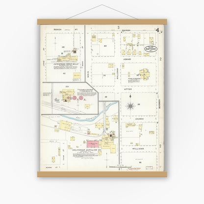 Old map wall art mockup — magnetic wood frame on white wall — Sanborn Fire Insurance Map from Antioch, Contra Costa County, California (1896), Sheet #0004