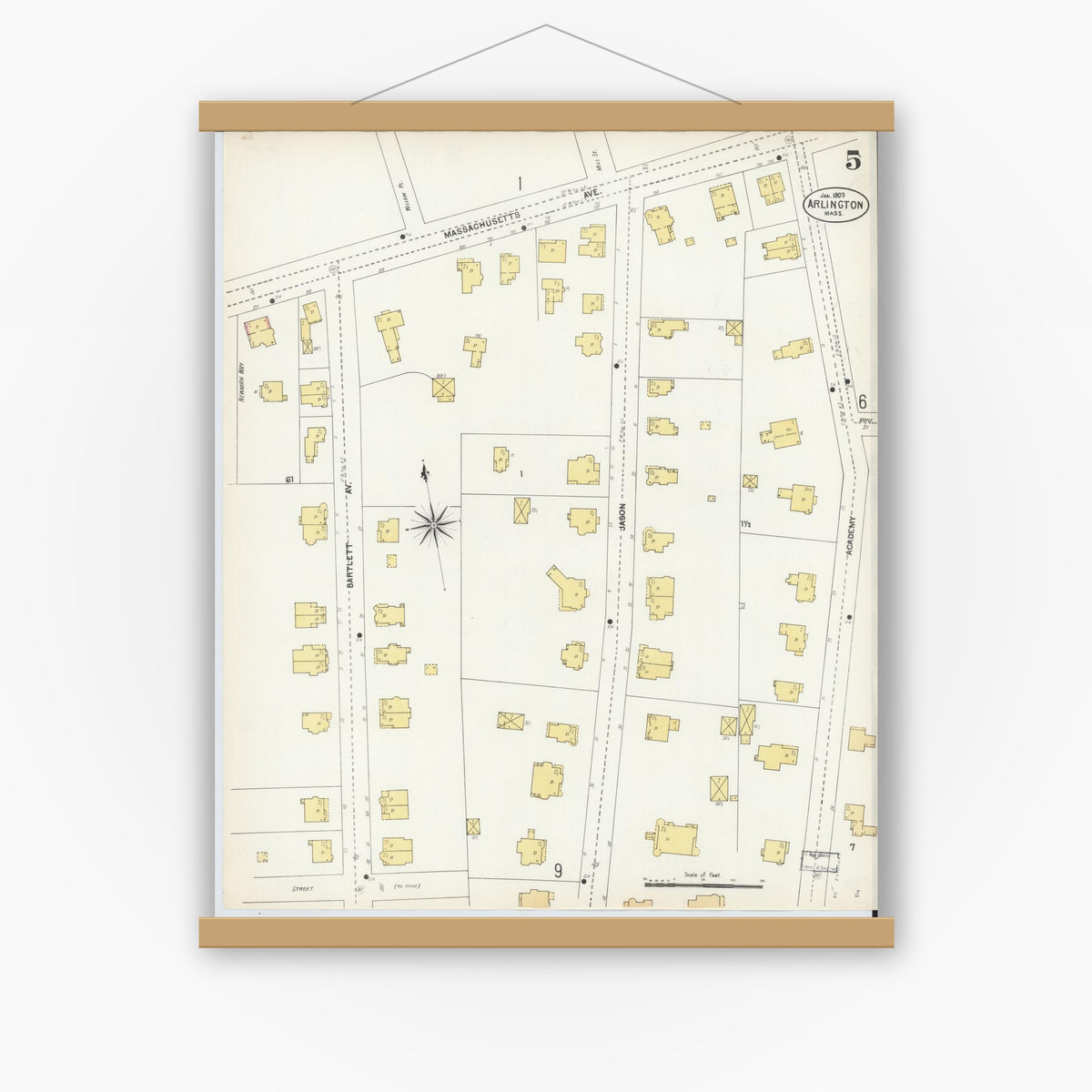 Old map wall art mockup — magnetic wood frame on white wall — Sanborn Fire Insurance Map from Arlington, Middlesex County, Massachusetts (1903), Sheet #0005