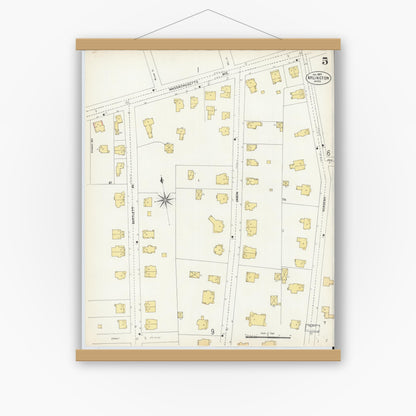 Old map wall art mockup — magnetic wood frame on white wall — Sanborn Fire Insurance Map from Arlington, Middlesex County, Massachusetts (1903), Sheet #0005