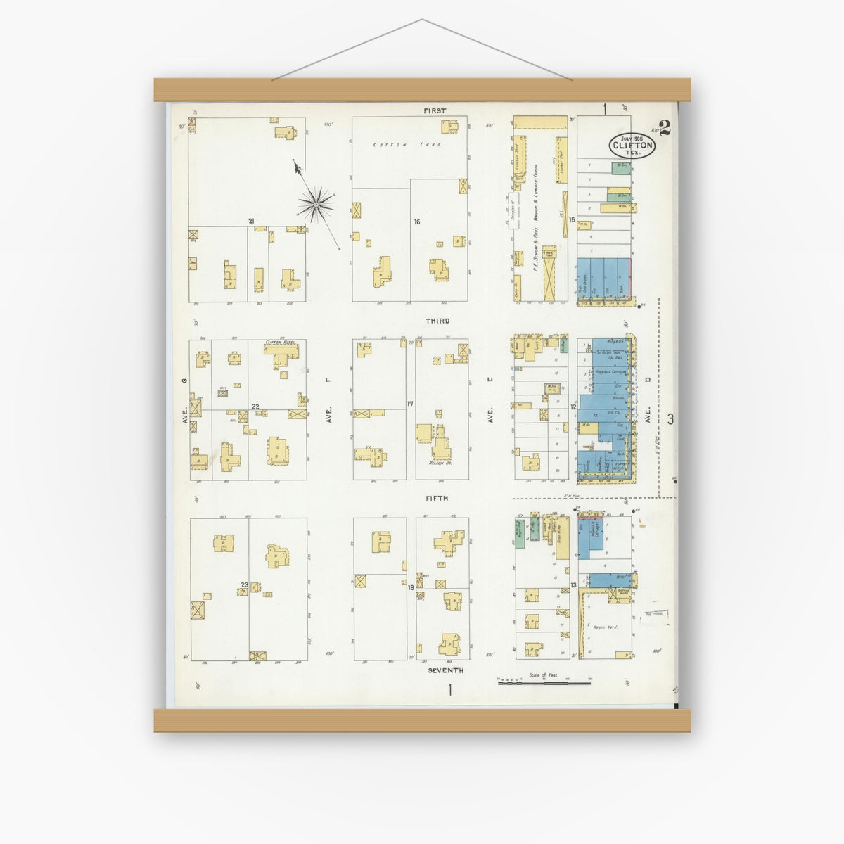Old map wall art mockup — magnetic wood frame on white wall — Sanborn Fire Insurance Map from Clifton, Bosque County, Texas (1905), Sheet #0002